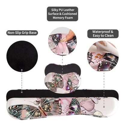 QIYI Leather Desk Mat Set, 4-in-1 Large Mouse Pad with Ergonomic Wrist Rest, Waterproof Desk Pad + Keyboard Wrist Rest + Mouse Wrist Support + Coaster, Non-Slip Office Gaming Accessories, Butterflies - color: Floral Butterflies