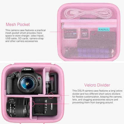 RAIALL Camera Case for Canon EOS Rebel T7/ R50/ R50V/ R100/ R5/ R6 Mark II/ R7/ R8/ R10/RP/T6/ Sony/Nikon D7500 Camera, Hard Carrying Case Protective Travel Bag Fits Lens, Tripod, Batteries, Pink - color: Pink