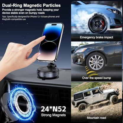 Jikasho Vacuum Magnetic Car Phone Holder for Magsafe, Hands-Free 360° Adjustable Suction Cup Phone Mount for Car/Gym/Mirror/Smooth Surface, Compatible with iPhone & Android (Silver Black) - color: Silver Black