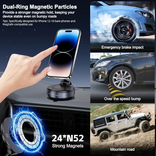 Jikasho Vacuum Magnetic Car Phone Holder for Magsafe, Hands-Free 360° Adjustable Suction Cup Phone Mount for Car/Gym/Mirror/Smooth Surface, Compatible with iPhone & Android (Space Grey) - color: Space Grey