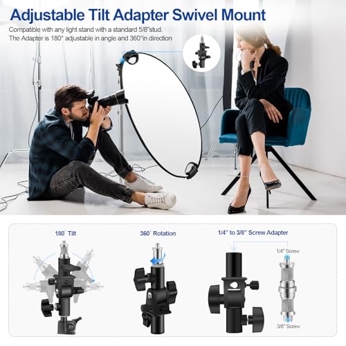 WELLMAKING 32''(80cm) Photography Reflector Dual Handle Collapsible 5-in-1 with Tilt Adapter Reflector, White Portable Stand and Pouch for Studio & Outdoor Lighting-Translucent,Silver,Gold,White&Black