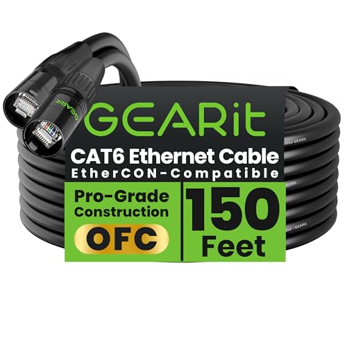 GEARit Shielded CAT6 Ethercon Cable (150 Feet) Professional Audio & Lighting RJ45 EtherCON-Compatible Cable for Studio, Stage, Concerts - 150ft Black - color: Black, size: 150 Feet