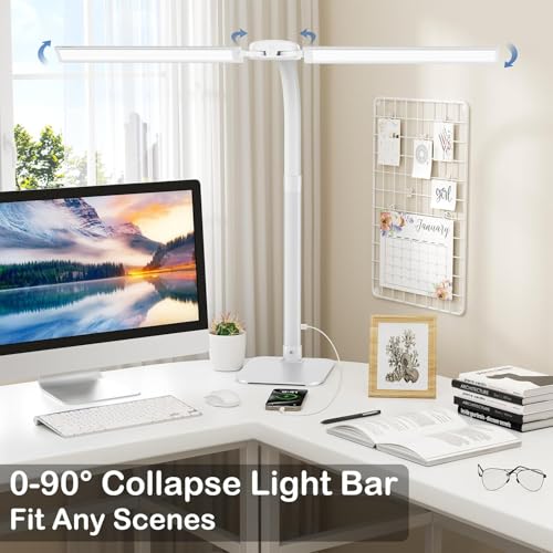 Desk Lamp with USB Charging Port for Home Office 24w Architect Remote Base Dual Task Led Light Modern 5 Color Modes Dimmable Adjustable Gooseneck Double Head Reading Drafting Eye Caring Tall Lamps - color: White