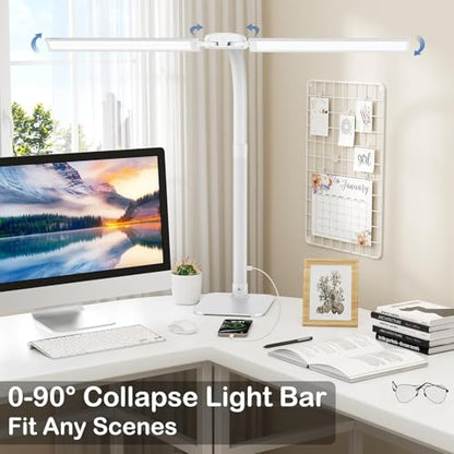 Desk Lamp with USB Charging Port for Home Office 24w Architect Remote Base Dual Task Led Light Modern 5 Color Modes Dimmable Adjustable Gooseneck Double Head Reading Drafting Eye Caring Tall Lamps - color: White