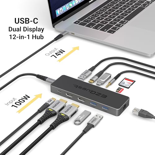 USB-C Hub 12-in-1: Dual 4K 60Hz HDMI, 100W PD, Gigabit Ethernet, 5X USB Ports (2X USB-C, 3X USB-A 5Gbps), SD/MicroSD, Audio Jack - Docking Station for Windows, MacBook Pro/Air, Chromebook - color: Ultimate 12-in-1(Space Black)