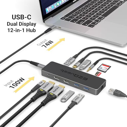 USB-C Hub 12-in-1: Dual 4K 60Hz HDMI, 100W PD, Gigabit Ethernet, 5X USB Ports (2X USB-C, 3X USB-A 5Gbps), SD/MicroSD, Audio Jack - Docking Station for Windows, MacBook Pro/Air, Chromebook - color: Ultimate 12-in-1(Space Black)