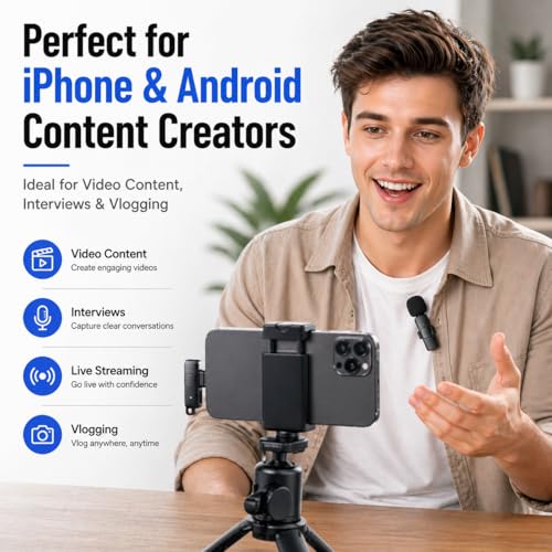 Acuvar Wireless Lavalier Microphone for iPhone & Android, 2 Pack Mini Wireless Mic, Plug & Play Clip On Microphone for Video Recording, Interview, Vlog with Adapter