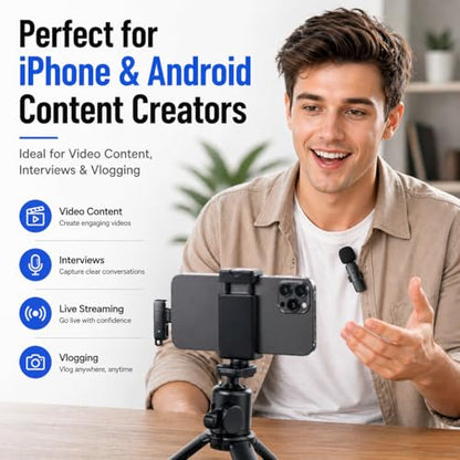 Acuvar Wireless Lavalier Microphone for iPhone & Android, 2 Pack Mini Wireless Mic, Plug & Play Clip On Microphone for Video Recording, Interview, Vlog with Adapter