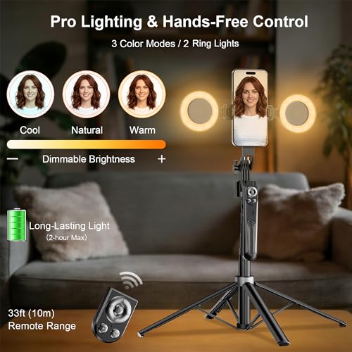 71" Auto Face Tracking Tripod with Ring Light, 360° Rotation Phone Tripod with Remote & No App Required, Extendable Selfie Stick Tripod for iPhone/Camera, Live Streaming Equipment for TikTok/YouTube - size: Tripod with 2 Ring Lights