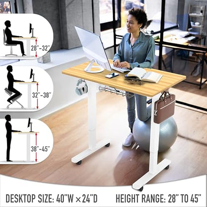 SHW 40-Inch Mobile Electric Height Adjustable Sit to Stand Desk with Drawer, Hanging Hooks and Cable Management, Oak - color: Oak