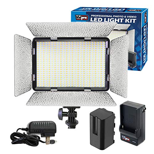 Vidpro LED-530 Photo and Video Light Kit - On Camera Panel LED Light - Adjustable and Dimmable 3200K-5600K Variable Color Light Fits Cameras w/Hot Shoe Includes Rechargeable Battery Diffuser - size: LED-530