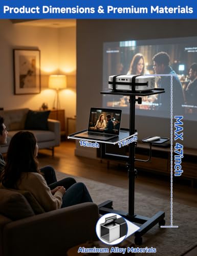 KOOV 2 Shelves Projector Stand, Max 47" Height Adjustable, Mobile Cart on Wheels, Projector Tripod Stand, Rolling Laptop Floor Stand, For Couch - size: 47inch