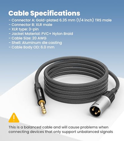 Tisino 1/4" to XLR Cable, 6.35mm TRS to XLR Male Nylon Braid Quarter inch TRS to XLR Male Balanced Interconnect Microphone Cord Patch Cable - 6.6ft - size: 6.6 feet