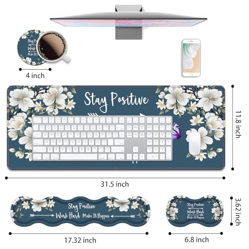 4 in 1 Ergonomic Keyboard Wrist Rest & Mouse Pad Wrist Rest Set,Stay Positive Work Hard and Make It Happen Inspirational Quote Large XXL Gaming Desk Mat with Non-Slip Base for Home Office Study Gaming - color: Stay Positive Work Hard and Make It Happen