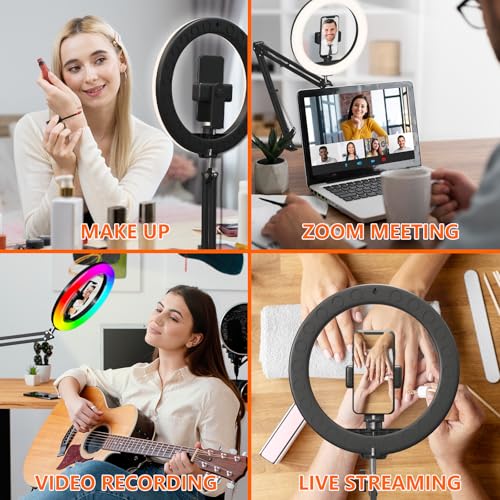 Overhead Phone Mount with Ring Light, 10’’ LED Selfie Light for Desk,with Stand and Phone Holder for iPhone and Camera,Overhead Tripod for Video Recording, Live Streaming, Zoom Meeting