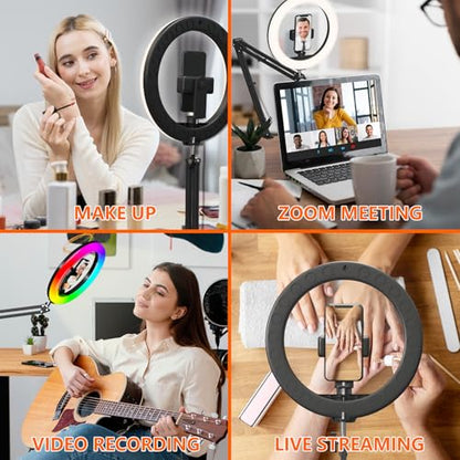 Overhead Phone Mount with Ring Light, 10’’ LED Selfie Light for Desk,with Stand and Phone Holder for iPhone and Camera,Overhead Tripod for Video Recording, Live Streaming, Zoom Meeting