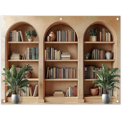8x6ft Fabric Arched Bookshelf Backdrop School Library Books Modern Office Plants Video Conference Photography Background Indoor Decorations Photo Banner Props - size: 8'x6'