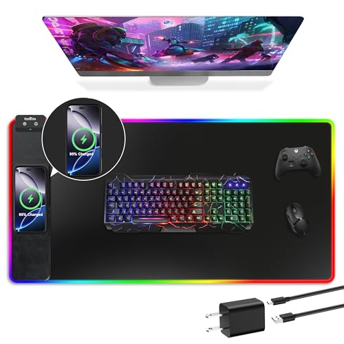 Mouse Pad with Wireless Charging, RGB Gaming Mousepad, Large Desk Mat with Ultra-Smooth Surface, Non-Slip Mouse Mat, Waterproof Computer Keyboard Pad with 18W QC Power Adapter, 800x400x4MM, Black - color: Black-rgb(with Charger & Cable)