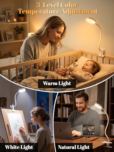Clip on Lamp,10 RGB Colors+10 Brightness Clamp Light, 500 Lumen Bright Desk Lamp with Clamp, 72 LED Desk Light with USB Adapter, Clip on Reading Light for Bed/Headboard/Bedside Table/Bedroom/Dorm - color: White