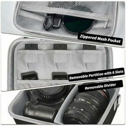 Comecase Hard Camera Case for Canon R50/R100/T7, for Sony A6400/ZV-E10 | Small Camera Bag with Hard EVA Shell, Adjustable Dividers, 6 Battery/SD Organizer Slots and Shoulder Strap, case only - color: Jet Black