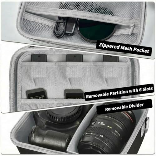 Comecase Hard Camera Case for Canon R50/R100/T7, for Sony A6400/ZV-E10 | Small Camera Bag with Hard EVA Shell, Adjustable Dividers, 6 Battery/SD Organizer Slots and Shoulder Strap, case only - color: Jet Black