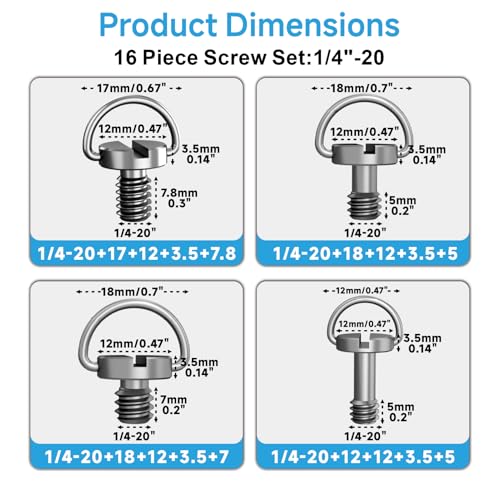 1/4"-20 Camera Screw Set, 16Pack Stainless Steel Tripod Mount Screw with D-Ring, for Camera Cage, Tripod, Monopod, Quick Release Plate, Photography Mounting Replacement