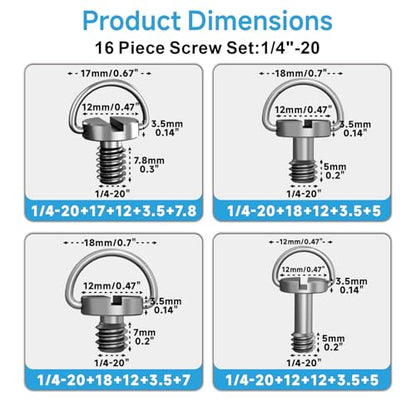 1/4"-20 Camera Screw Set, 16Pack Stainless Steel Tripod Mount Screw with D-Ring, for Camera Cage, Tripod, Monopod, Quick Release Plate, Photography Mounting Replacement