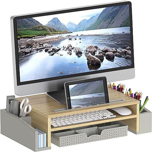 Simple Houseware Desk Monitor Stand Riser with Adjustable Organizer tray - color: Oak