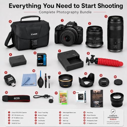 Canon EOS R100 Mirrorless Camera Double Zoom 2 Lens Kit RF-S 18-45mm and RF 75-300mm 6052C111 Bundle with Double Battery, Memory Card, Deluxe Case and Mini Tripod & Accessories - color: Charcoal