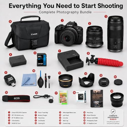 Canon EOS R100 Mirrorless Camera Double Zoom 2 Lens Kit RF-S 18-45mm and RF 75-300mm 6052C111 Bundle with Double Battery, Memory Card, Deluxe Case and Mini Tripod & Accessories - color: Charcoal