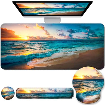Desk Mat Set + Keyboard and Mouse Pad with Wrist Rest Support,4-in-1 Large Mousepad Computer Mats for Desktop Home & Office-Sunset Sea - color: J-Sunset Sea