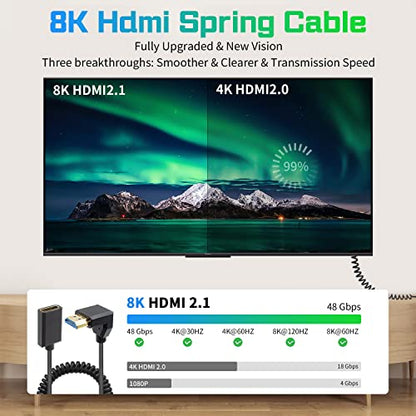 Duttek 8K Coiled HDMI Extension Cable, Down Angled 90 Degree HDMI Male to Female Coiled Cable 48Gbps, 90 Degree HDMI Extension Cable with 8K 60Hz Video and 3D HDR for TV, HDTV Laptop PC 4FT/1.2M - style: Down Angle HDMI Male to Female