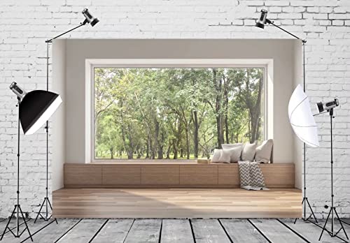 BELECO 9x6ft Fabric Modern Living Room Backdrop House Interior Window Scenery Green Forest Trees Nature Background Wallpaper Home Office Zoom Meeting Video Conference Backdrop Photo Studio Props - size: 9x6FT