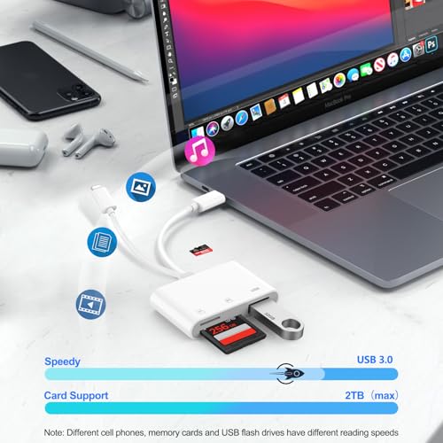 SD Card Reader for iPhone iPad Mac, Digital Camera Adapter to iPhone Lightning & USB C Dual Connector, Trail Camera Memory Card Viewer with SD/Micro SD/USB-A 3 Slot, No App Plug and Play - size: 3 Slot