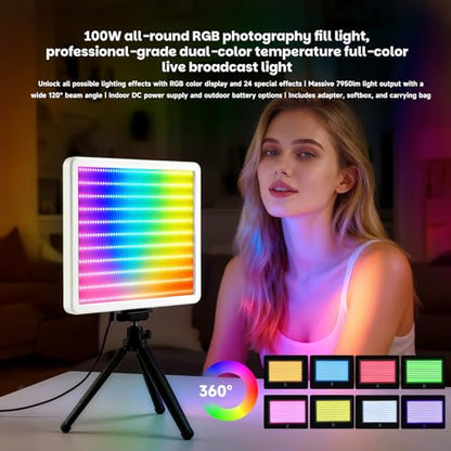100W RGB LED Video Light with Softbox, 7950LM, 2500K-9900K | 100W RGB LED video light, 7950LM, 2500K-9900K, with softbox