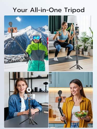 USKEYVISION Magnetic Selfie Stick Tripod with Light & Remote, Phone Tripod with Magnetic Holder for Magsafe, 360° Rotatable Cellphone Stand for iPhone/Android for Video Recording, Vlogging(SPT-02) - size: 49" Magnetic Selfie Stick with Light