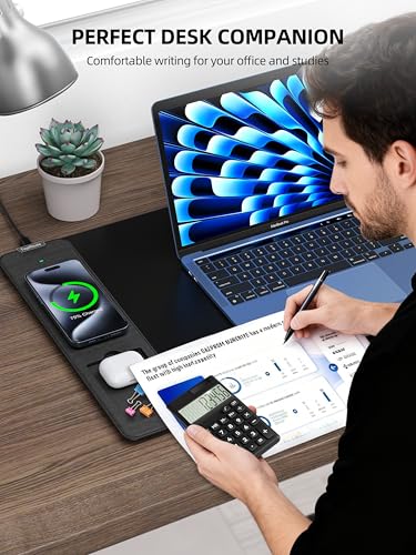 TopMade Mouse Pad with 15W Wireless Charging, Removable 8-Digit Solar Calculator, Exact Large Desk Pad, Waterproof Mousepad Home Office Desk Mat (Includes 20W PD Power Adapter & 6.56ft Woven Cable) - color: Black-Calculator-31.5"x15.8"-with Adapter