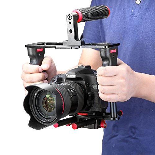 NEEWER Camera Video Cage Film Movie Making Kit, Aluminum Alloy with Top Handle, Dual Hand Grip, Two 15mm Rods, Compatible with Canon Sony Fujifilm Nikon DSLR Camera and Camcorder (Black + Red) - style: CG -MF Red