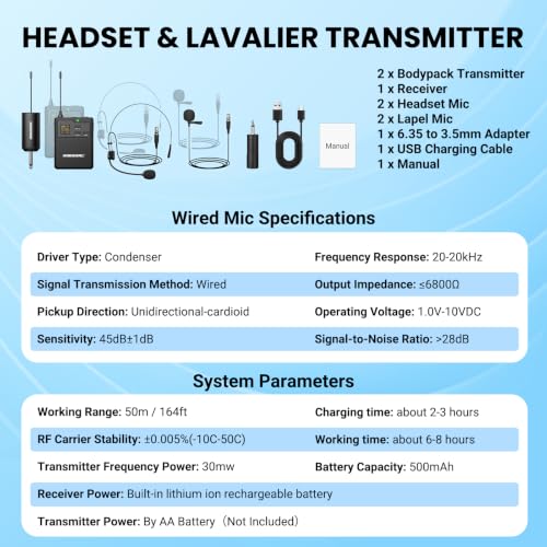 UHF Dual Channel Wireless Lavalier Microphone System-2 Bodypack Transmitters with Headset & Lapel Mics, Rechargeable Receiver, Echo Function,50m/164ft Range 1/4" Output for Recording Karaoke Teaching