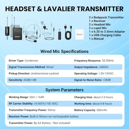 UHF Dual Channel Wireless Lavalier Microphone System-2 Bodypack Transmitters with Headset & Lapel Mics, Rechargeable Receiver, Echo Function,50m/164ft Range 1/4" Output for Recording Karaoke Teaching