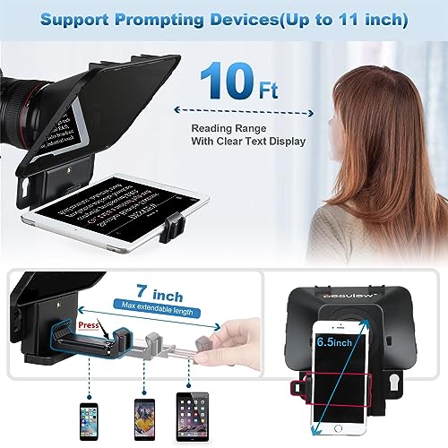 Desview T3 Portable Teleprompter for Camera & Smartphone, Tablet Prompter for iPad up to 10", 70/30 Beam Splitter Glass, 9 Adapter Rings for DSLR, YouTube Video Recording & Live Streaming