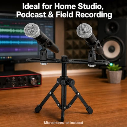2 Mic Stereo Bar with Desktop Tripod Stand | Dual-microphone recording kit with 30cm stereo bar, desktop tripod, and adapter for XY, ORTF, and NOS recording.