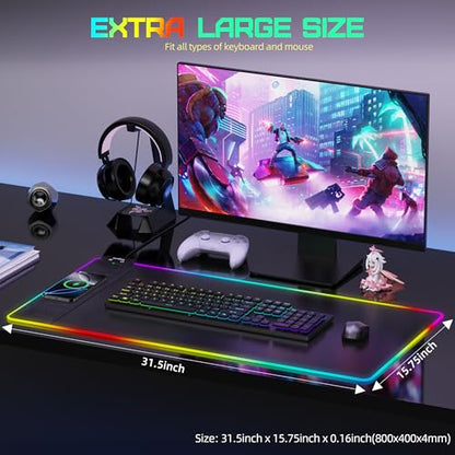 Mouse Pad with Wireless Charging, RGB Gaming Mousepad, Large Desk Mat with Ultra-Smooth Surface, Non-Slip Mouse Mat, Waterproof Computer Keyboard Pad for Gaming, Desk, Office, PC, 800x400x4MM, Black - color: Black-rgb+wireles Charging