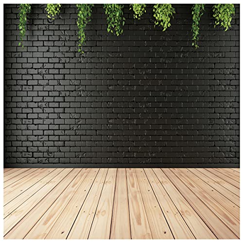 8x8ft Clean Black Brick Wall with Wood Floor Photography Backdrop for Portrait, Green Background, Vinyl Material for Birthdays, Parties, Weddings, Graduations DH-94 - size: 8X8FT