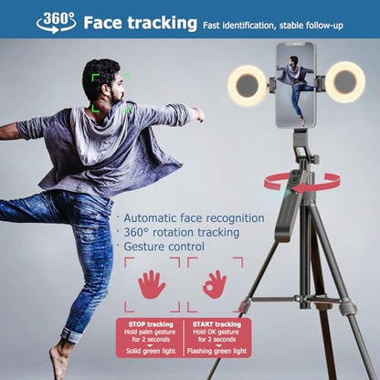 Auto Face Tracking Tripod Vlogging Kit for iPhone and Android Phone with Dual Lights/Dual Wireless Microphone/Multi-Function Remote,Expandable YouTube Starter Kit Content Creator Essentials