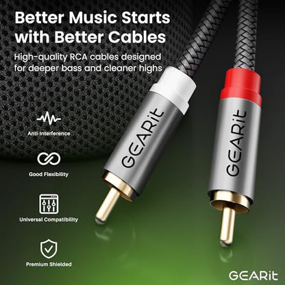 GEARit RCA Cables Car Audio 10ft Copper, RCA Cables Car Audio with Dual Shielding & Gold-Plated Connectors, RCA Cable for Subwoofer Cable, Hi-Fi System, Amplifier, Active Speakers, Gaming Consoles - size: 10 Feet