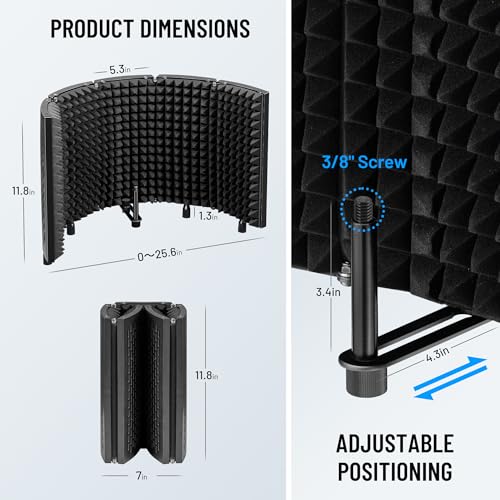 CAHAYA Microphone Isolation Shield Foldable - Mic Shield Recording Studio Sound Absorbing Foam Reflector with 3/8" and 5/8" Mic Adapter Microphone Recording Equipment Black