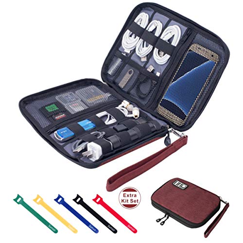 Travel Cable Organizer Bag Waterproof Portable Electronic Accessories Organizer for USB Cable Cord Phone Charger Headset Wire SD Card with 5pcs Cable Ties(Red) - color: Red