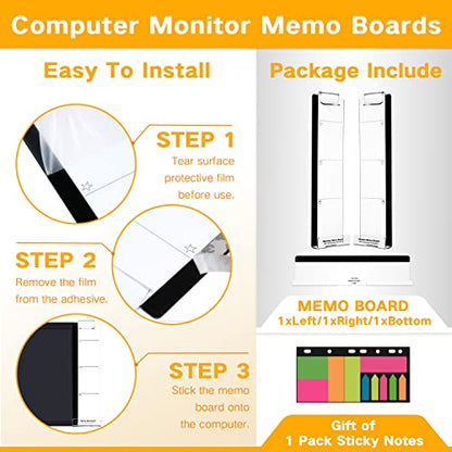 Monitor Memo Boards for Computer, Set of 3 (Left & Right & Bottom) Multifunction Acrylic Screen Message Reminder Pad Side Panels Phone Holder - Utility Organizer for Office Desktop, with Sticky Notes - style: Left + Right + Bottom