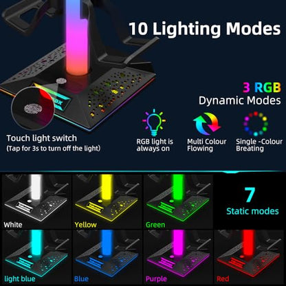 RGB Headphone and Controller Stand with USB Charging Hub, Gaming Headset Holder for Desk, 2 USB-A and USB-C Ports, Holds 4 Controllers, 10 Lighting Modes for PS5 Xbox Switch PC